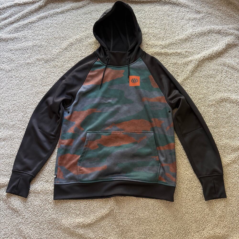 686 Men’s Bonded Waterland Camo & Black Tech Fleece DWR Hoodie Size M